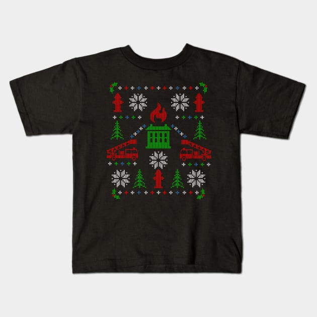 Firefighter Ugly Christmas Sweater Fireman Christmas Kids T-Shirt by TeeCreations